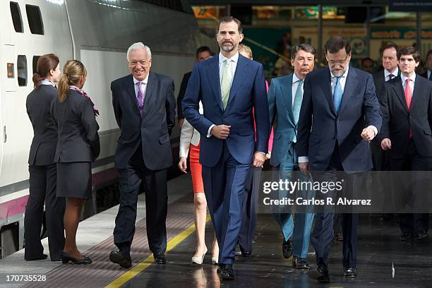 Prince Felipe of Spain and Spanish Prime Minister Mariano Rajoy attend the official inauguration of the new Alta Velocidad Espanola high speed Madrid...