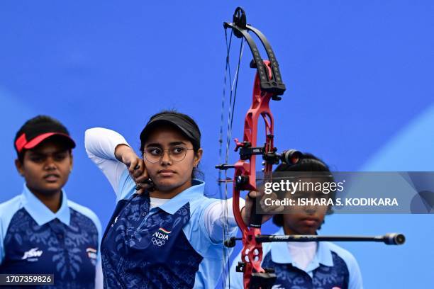 India's Kaur Parneet , Aditi Gopichand Swami and Jyothi Surekha Vennam compete against Taiwan in the archery compound team women's quarter-final...