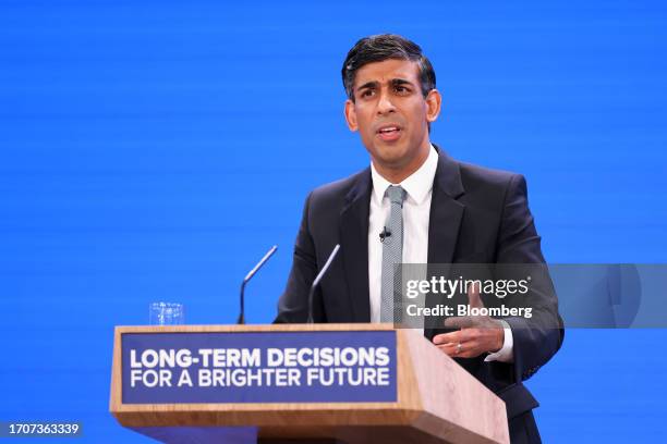 Rishi Sunak, UK prime minster, delivers his keynote speech on the closing day of the UK Conservative Party Conference in Manchester, UK, on...