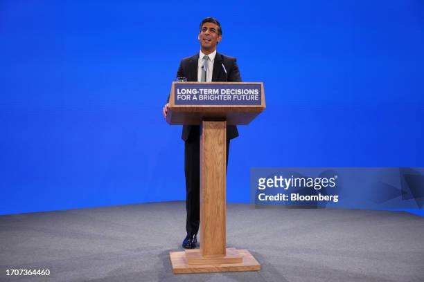 Rishi Sunak, UK prime minster, delivers his keynote speech on the closing day of the UK Conservative Party Conference in Manchester, UK, on...