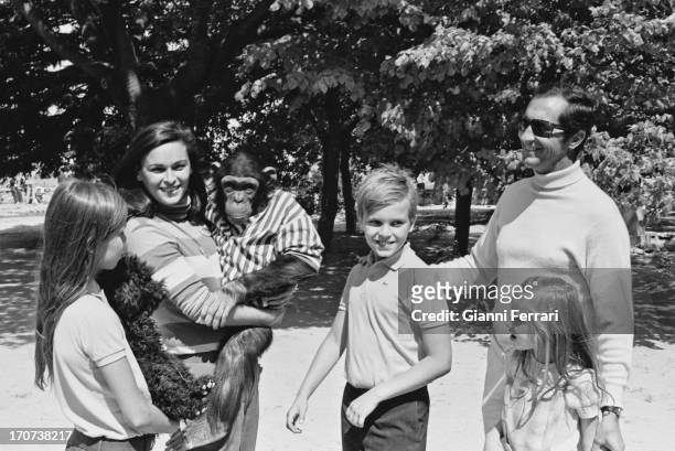 Paola, actress Lucia Bose with a little chimp, Miguel, the matador Luis Miguel Dominguin and Lucia, on his farm in his home of Villa Paz Cuenca,...