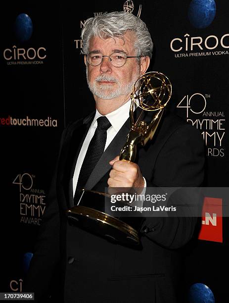 Director George Lucas poses in the press room at the 40th annual Daytime Emmy Awards at The Beverly Hilton Hotel on June 16, 2013 in Beverly Hills,...