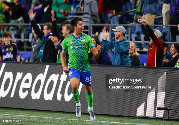 Seattle Sounders midfielder Josh Atencio celebrates after winning an MLS match between the LA Galaxy and the Seattle Sounders FC on October 4 at...