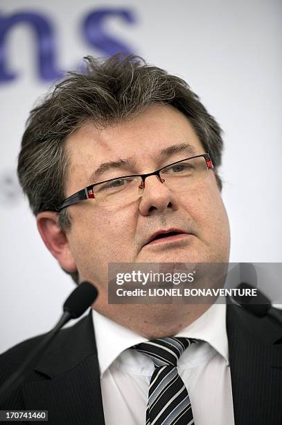 Carrefour retailing group chief executive director Noël Prioux speaks during a visit at a Carrefour supermarket on June 17, 2013 in...