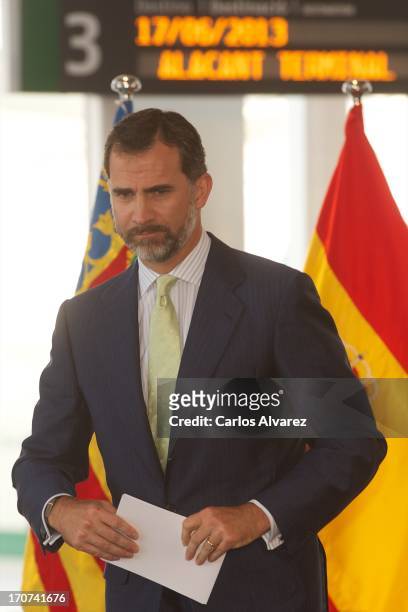 Prince Felipe of Spain officially inaugurates the new Alta Velocidad Espanola high speed Madrid to Alicante rail link at Alicante AVE station on June...