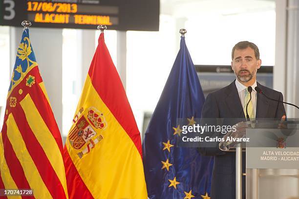 Prince Felipe of Spain speaks during the official inauguration of the new Alta Velocidad Espanola high speed Madrid to Alicante rail link at Alicante...
