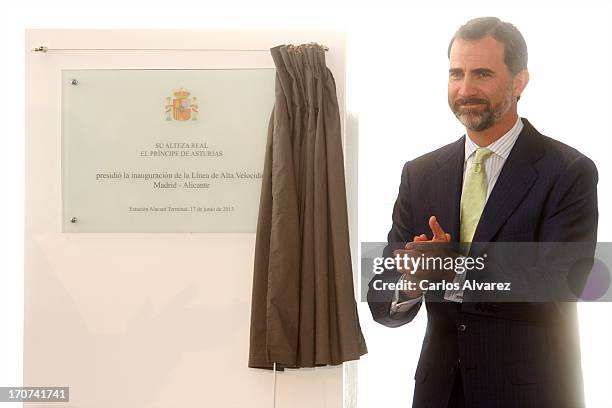 Prince Felipe of Spain officially inaugurates the new Alta Velocidad Espanola high speed Madrid to Alicante rail link at Alicante AVE station on June...