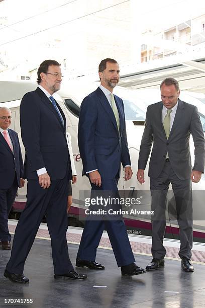 Prince Felipe of Spain and Spanish Prime Minister Mariano Rajoy attends the official inauguration of the new Alta Velocidad Espanola high speed...