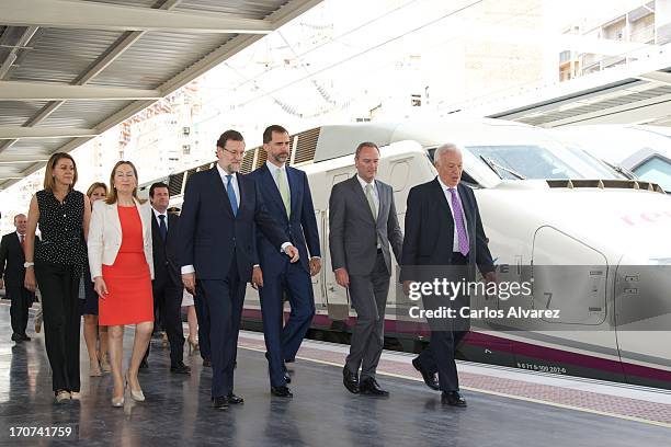 Prince Felipe of Spain and Spanish Prime Minister Mariano Rajoy attend the official inauguration of the new Alta Velocidad Espanola high speed Madrid...