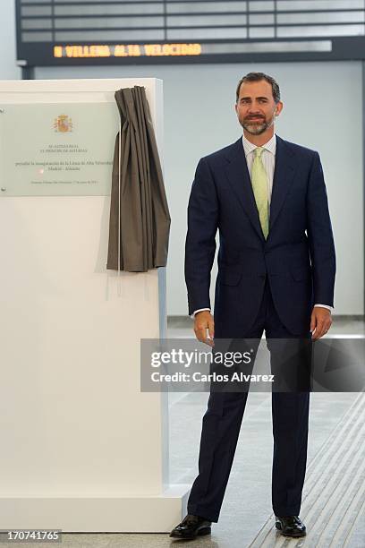 Prince Felipe of Spain officially inaugurates the new Alta Velocidad Espanola high speed Madrid to Alicante rail link on June 17, 2013 in Villena,...