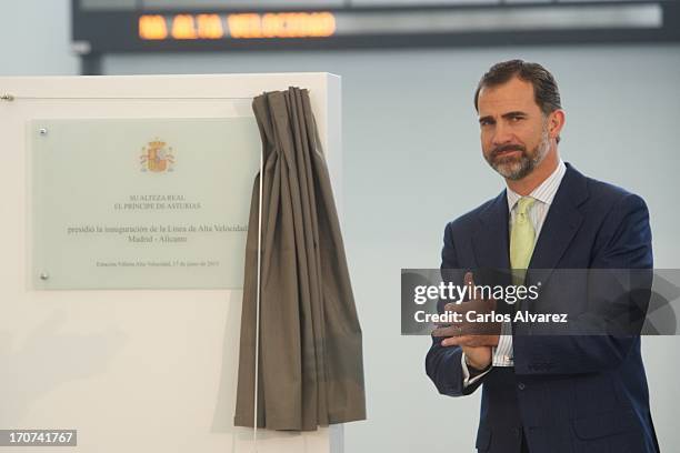 Prince Felipe of Spain officially inaugurates the new Alta Velocidad Espanola high speed Madrid to Alicante rail link on June 17, 2013 in Villena,...