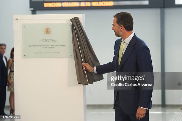 Prince Felipe of Spain officially inaugurates the new Alta Velocidad Espanola high speed Madrid to Alicante rail link on June 17, 2013 in Villena,...