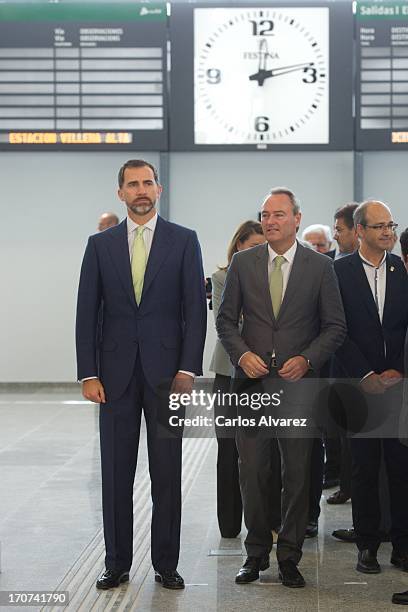 Prince Felipe of Spain attends the official inauguration of the new Alta Velocidad Espanola high speed Madrid to Alicante rail link at Villena AVE...