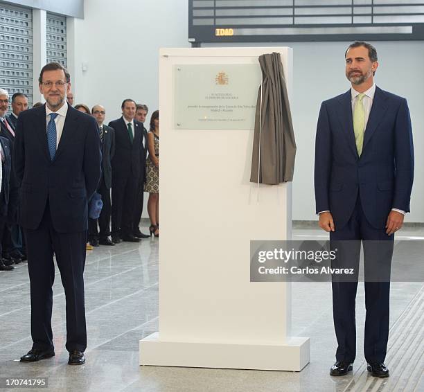 Prince Felipe of Spain and Spanish Prime Minister Mariano Rajoy attend the official inauguration of the new Alta Velocidad Espanola high speed Madrid...