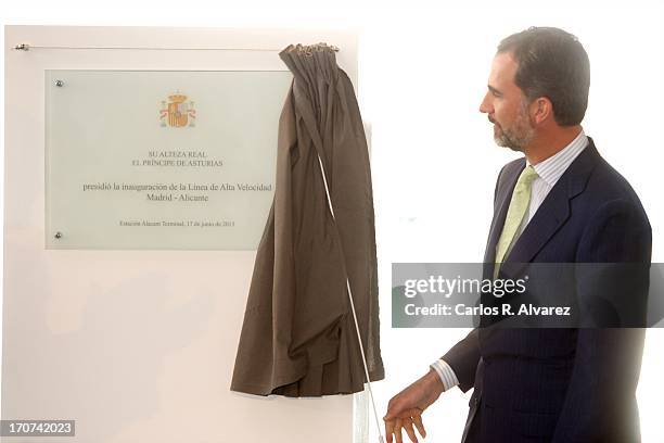 Prince Felipe of Spain officially inaugurates the new Alta Velocidad Espanola high speed Madrid to Alicante rail link at Alicante AVE station on June...