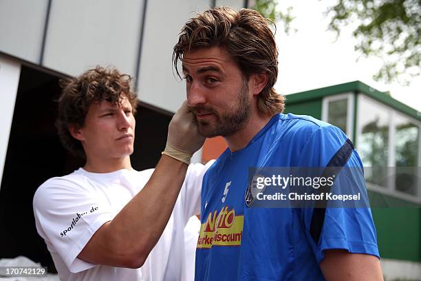 Heiko Butscher of VfL Bochum gives blood during a fitness test at the club's training ground on on June 17, 2013 in Bochum, Germany.