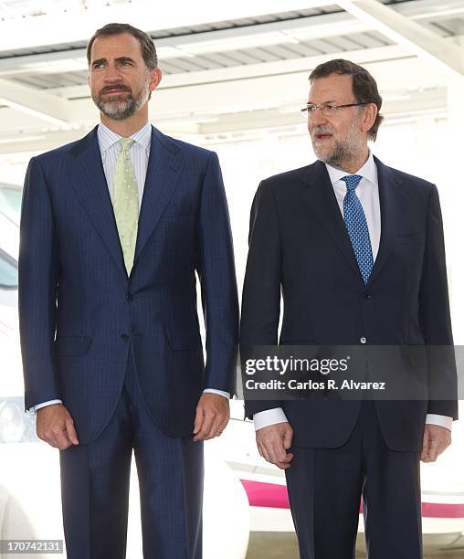 Prince Felipe of Spain and Spanish Prime Minister Mariano Rajoy attend the official inauguration of the new Alta Velocidad Espanola high speed Madrid...