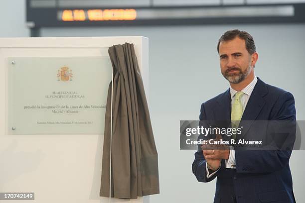 Prince Felipe of Spain officially inaugurates the new Alta Velocidad Espanola high speed Madrid to Alicante rail link at Villena AVE station on June...