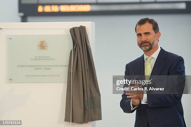 Prince Felipe of Spain officially inaugurates the new Alta Velocidad Espanola high speed Madrid to Alicante rail link at Villena AVE station on June...