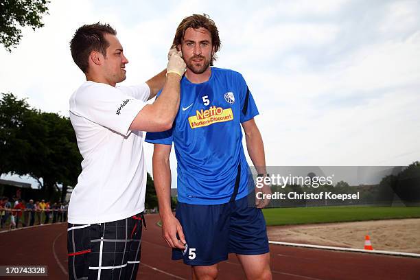 Heiko Butscher of VfL Bochum gives blood during a fitness test at the club's training ground on June 17, 2013 in Bochum, Germany.