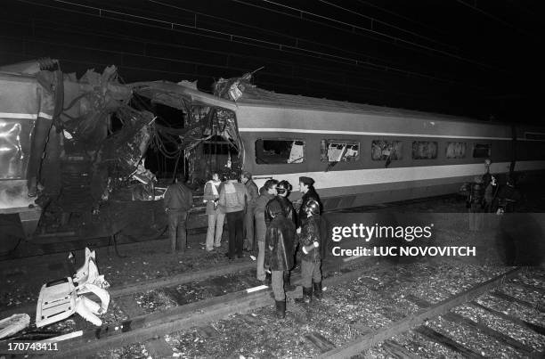 View of the destroyed railcar of a speeding train where a bomb exploded near Tain l'Hermitage , 31 December 1983, killing five people. The train was...