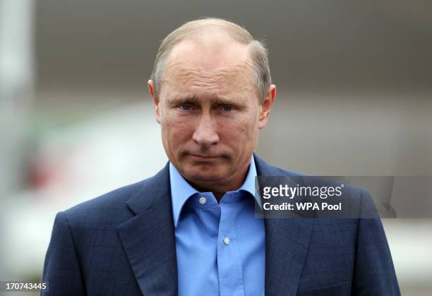 Russian President Vladimir Putin arrives at Belfast International Airport on June 17, 2013 in Belfast, Northern Ireland. The two-day G8 summit,...