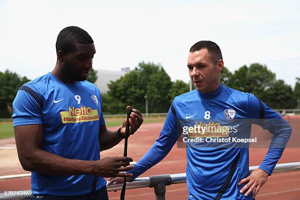 Richard Sukuta-Pasu and Christian Tiffert of VfL Bochum take part in a fitness test at the club's training ground on June 17, 2013 in Bochum, Germany.