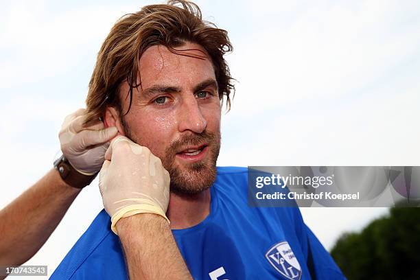 Heiko Butscher of VfL Bochum gives blood during a fitness test at the club's training ground on June 17, 2013 in Bochum, Germany.