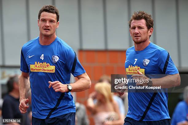 Marcel Maltritz and Paul Freier of VfL Bochum take part in a fitness test at the club's training ground on June 17, 2013 in Bochum, Germany.