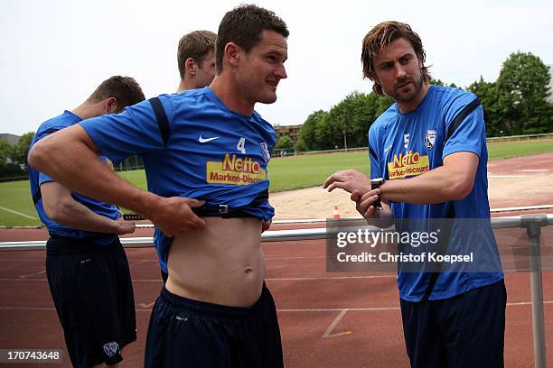 Marcel Maltritz and Heiko Butscher of VfL Bochum take part in a fitness test at the club's training ground on June 17, 2013 in Bochum, Germany.