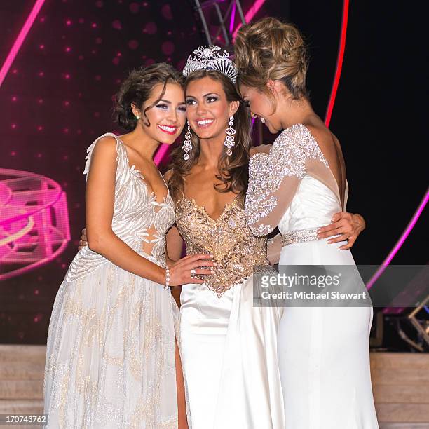 Miss Universe 2012 Olivia Culpo, and Miss Teen USA 2012 Logan west pose with Miss Connecticut USA Erin Brady poses onstage after winning the 2013...