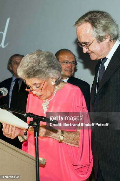 Baroness Philippine de Rothschild, owner of the French winery Chateau Mouton Rothschild delivers a speech as her husband Baron Jean-Pierre de...