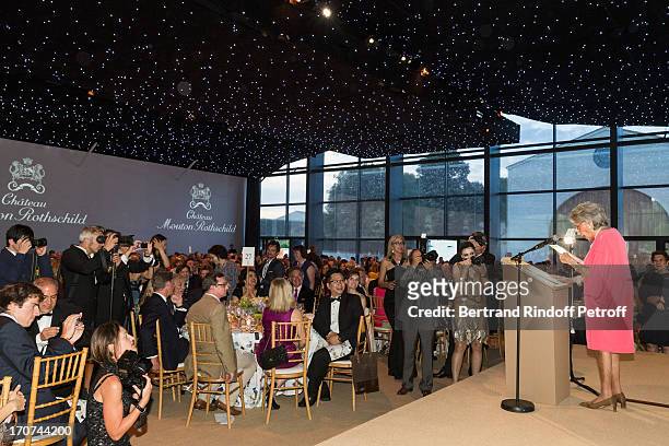 Baroness Philippine de Rothschild, owner of the French winery Chateau Mouton Rothschild delivers a speech during the dinner of Conseil des Grand Crus...