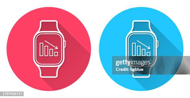 decreasing chart on smartwatch. round icon with long shadow on red or blue background - smash clock stock illustrations
