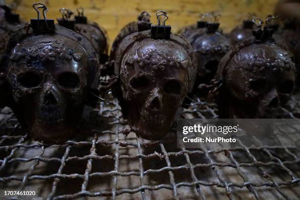 View of moulds of chocolate skulls made by members of the Jimenez Piza family, originally from the State of Toluca and living in the Barrio San Lucas...