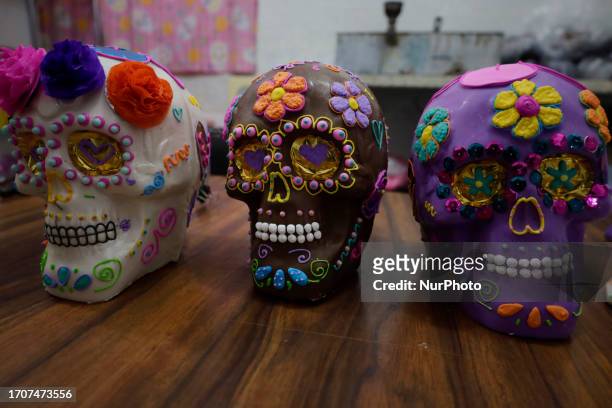 View of chocolate skulls made by members of the Jimenez Piza family, originally from the State of Toluca and living in the Barrio San Lucas in the...