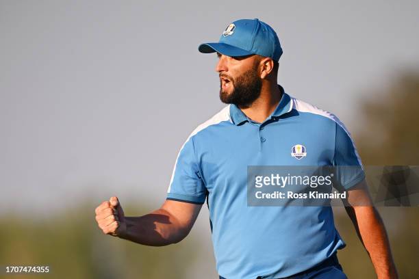 Jon Rahm of Team Europe celebrates on the third hole during the Friday morning foursomes matches of the 2023 Ryder Cup at Marco Simone Golf Club on...