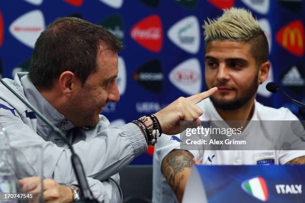 Head coach Devis Mangia and Lorenzo Insigne of Italy attend an Italy U21 press conference at Teddy Stadium ahead of their UEFA European U21...