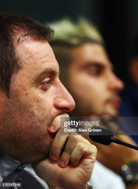 Head coach Devis Mangia and Lorenzo Insigne of Italy attend an Italy U21 press conference at Teddy Stadium ahead of their UEFA European U21...