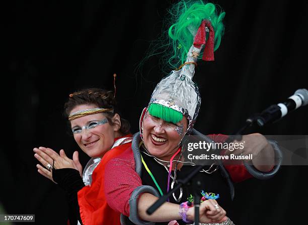 Space Chums, Space Ninja Linda, left and Galacto-Fashionista Gussy Kate Keenan) perform for children on one of the stages along the park....