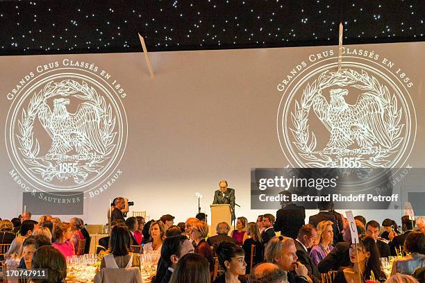 Philippe Casteja, President of Conseil des Grands Crus Classes of 1855 delivers a speech during the dinner of Conseil des Grand Crus Classes of 1855...