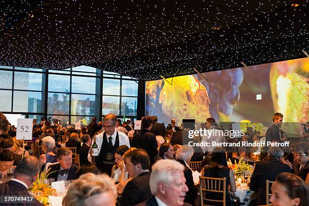 View of atmosphere and wall projections during the dinner of Conseil des Grand Crus Classes of 1855 hosted by Chateau Mouton Rothschild on June 16,...