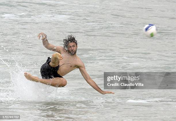 Salvatore Sirigu of Italya play volleyball at the Barra de Tijuca beach on June 17, 2013 in Rio de Janeiro, Brazil.