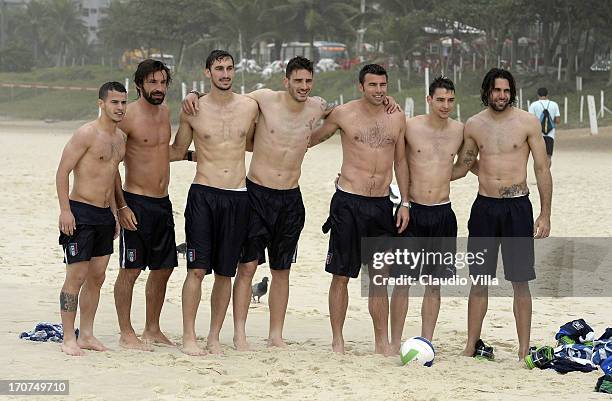 Sebastian Giovinco, Andrea Pirlo, Davide Astori, Leonardo Bonucci, Andrea Barzagli, Mattia De Sciglio, Salvatore Sirigu of Italy at the Barra de...