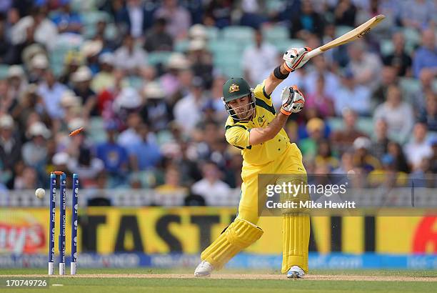 Glenn Maxwell of Australia is clean bowled by Lasith Malinga of Sri Lanka during the ICC Champions Trophy Group A fixture between Sri Lanka and...