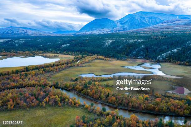 aerial view from a valley close to rondane, norway - rondane national park stock pictures, royalty-free photos & images
