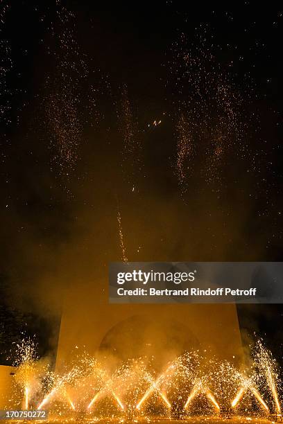 Fireworks are launched above the wine storehouse at Chateau Mouton Rothschild during the dinner of Conseil des Grand Crus Classes of 1855 hosted by...