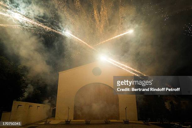 Fireworks are launched above the wine storehouse at Chateau Mouton Rothschild during the dinner of Conseil des Grand Crus Classes of 1855 hosted by...