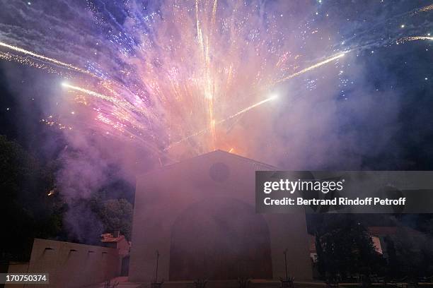 Fireworks are launched above the wine storehouse at Chateau Mouton Rothschild during the dinner of Conseil des Grand Crus Classes of 1855 hosted by...