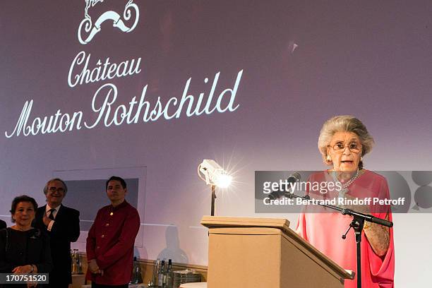 Baroness Philippine de Rothschild, owner of the French winery Chateau Mouton Rothschild delivers a speech during the dinner of Conseil des Grand Crus...